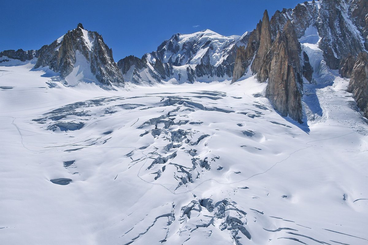The Mont Blanc massif and its glaciers, an hour south.