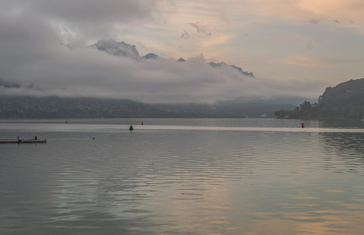 Lake Annecy at dusk, under an hour and a half to the east.
