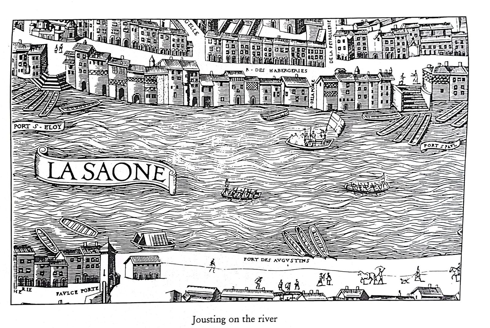 The Saône in Renaissance-era old Lyon, an antique engraving.