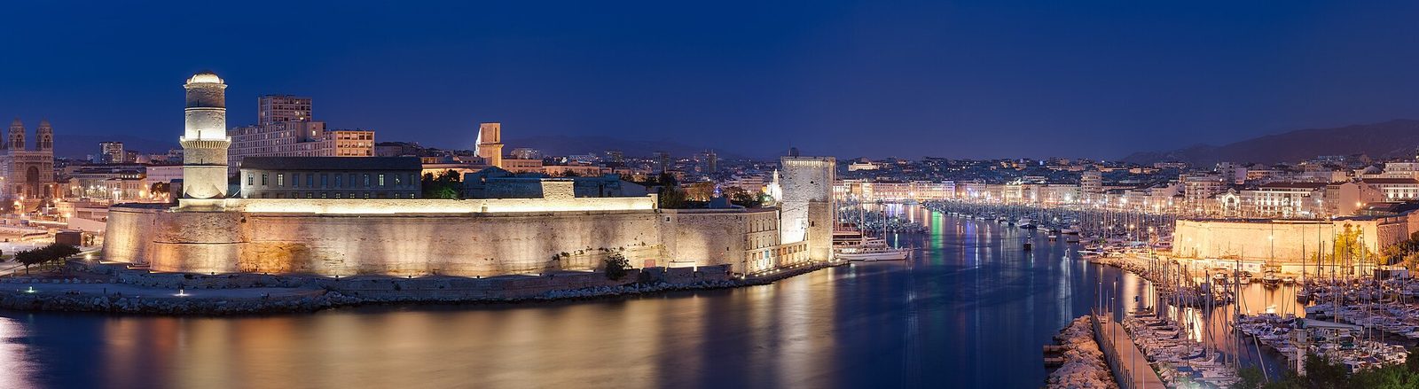 Marseille's Vieux-Port aglow at nightfall.