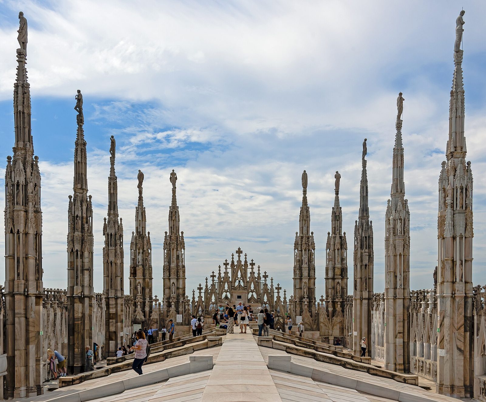 The marble spires and terraces on the roof of Milan's Duomo.