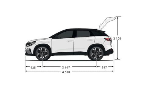 Schéma technique de profil du Renault Austral avec ses dimensions : 4510 mm de longueur hors tout, 2667 mm d'empattement, 2100 mm de hauteur hayon ouvert