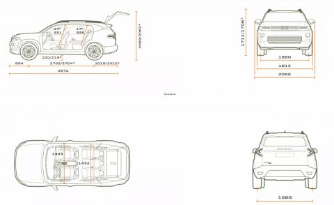 Desenho técnico cotado do Dacia Bigster com comprimento, largura, altura e distância entre eixos em milímetros