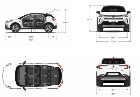 Official Renault Captur dimension drawing: side, front, rear and top views with length, width, height and wheelbase in millimetres