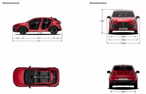 Esquema oficial de dimensões do Renault Clio 2026 em milímetros: vistas lateral, frontal, traseira e superior