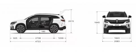 Schéma des dimensions du Renault Espace : vues de profil et de face avec longueur, largeur, hauteur et empattement en mm (1353 x 519)