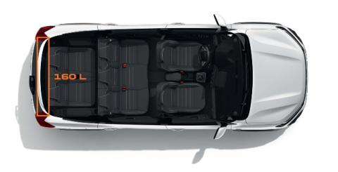 Esquema cenital del maletero del Dacia Jogger en configuración de siete plazas, 160 litros