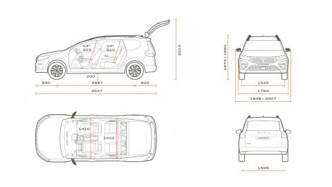 Dibujo técnico del Dacia Jogger con las dimensiones exteriores en milímetros