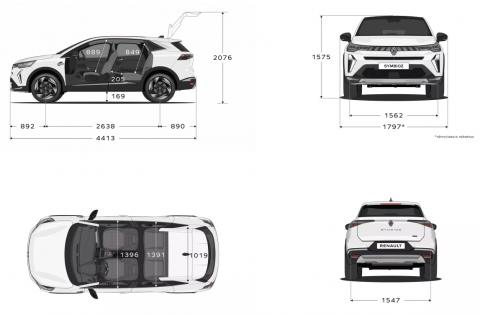 Schémas officiels des dimensions du Renault Symbioz : vues de côté, de face, de dessus et arrière avec les mesures en millimètres