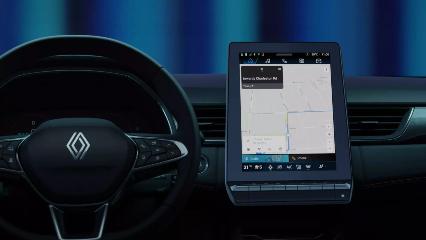 Tableau de bord du Renault Symbioz avec l'écran tactile vertical openR link de 10,4 pouces affichant la navigation